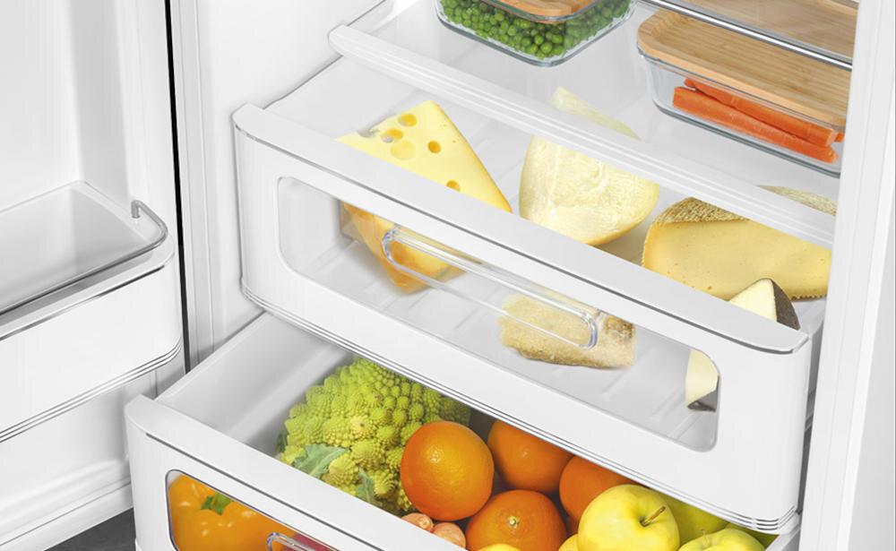 SMEG FAB32LWH5 szuflady lodówka organizacja wysuwane ślizgowe prowadnice szkło przechowywanie owoce warzywa