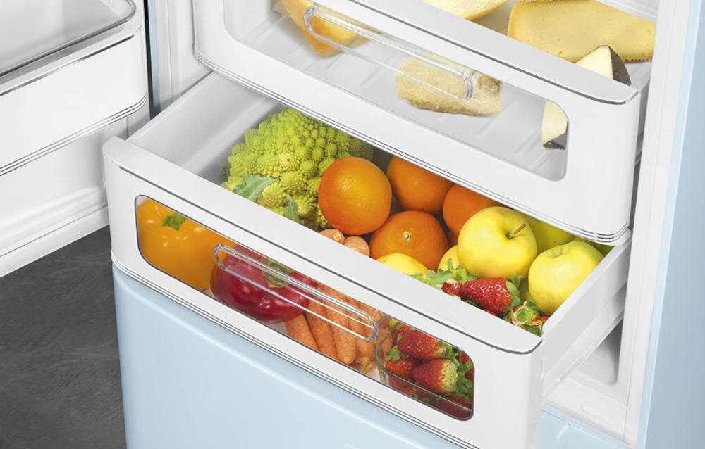 SMEG FAB32LPB5 szuflady lodówka organizacja wysuwane ślizgowe prowadnice szkło przechowywanie owoce warzywa