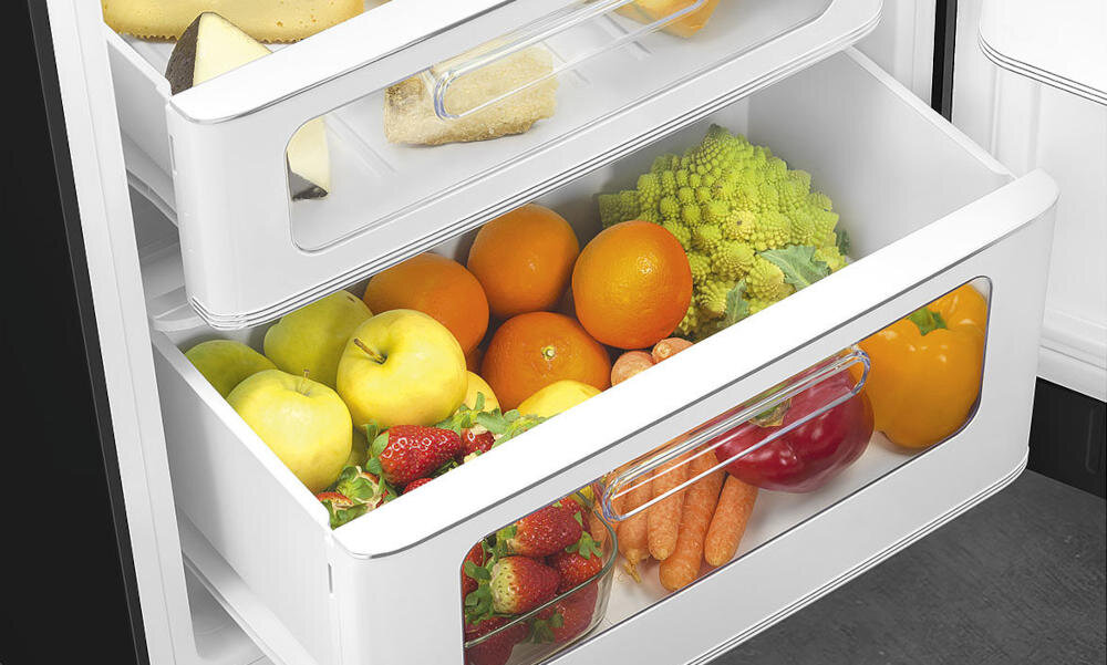 SMEG szuflady lodówka organizacja wysuwane ślizgowe prowadnice szkło przechowywanie owoce warzywa