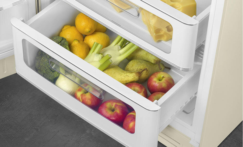 SMEG FAB28LCR5 szuflady lodówka organizacja wysuwane ślizgowe prowadnice szkło przechowywanie owoce warzywa