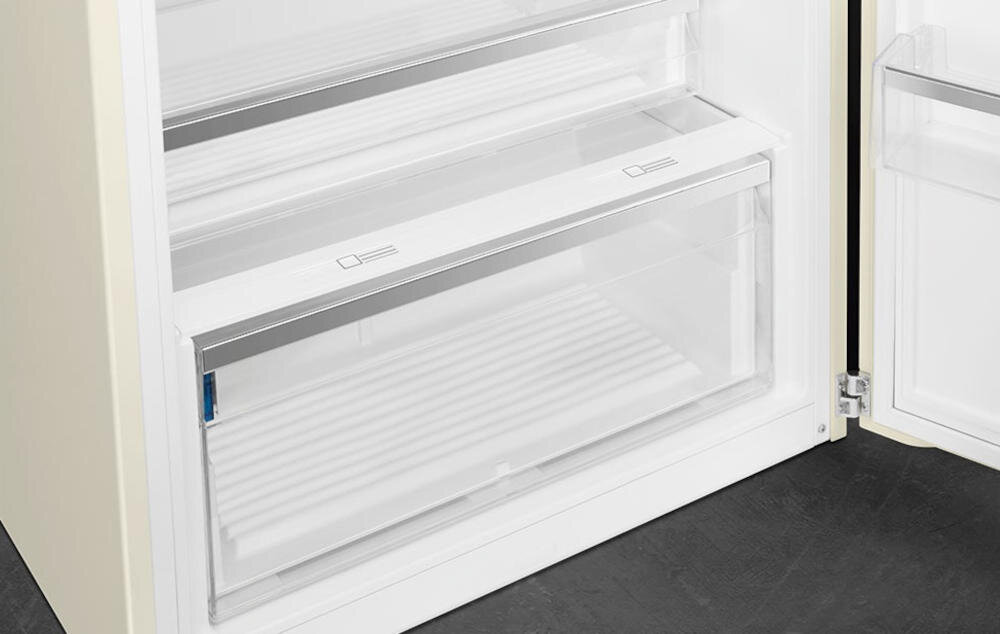 SMEG FAB50RCR5 szuflady lodówka organizacja wysuwane ślizgowe prowadnice szkło przechowywanie owoce warzywa