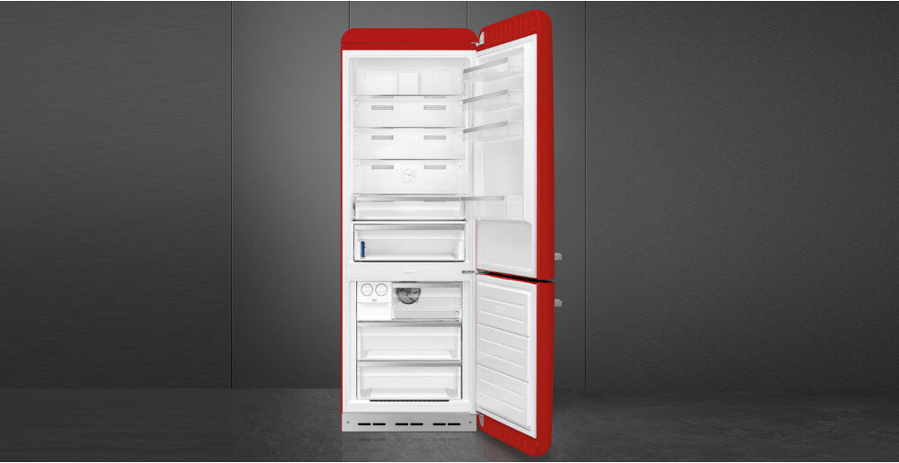LODÓWKA SMEG FAB38RRD5 ciągła cyrkulacja MultiFlow równomierna dystrybucja powietrza nadmuch mniejsze wahania temperatur 2 wysuwane szuflady ślizgowe prowadnice wilgotności mięso ryby nabiał odprowadzanie nadmiaru wilgoci bez lodu szronu dłuższa świeżość łatwe czyszczenie Bogate wnętrze pojemniki szuflady półki pojemność chłodzenie mrożenie komory owoce warzywa mięso ryby regulacja wysokości alarm otwartych drzwi dźwiękowy wizualny