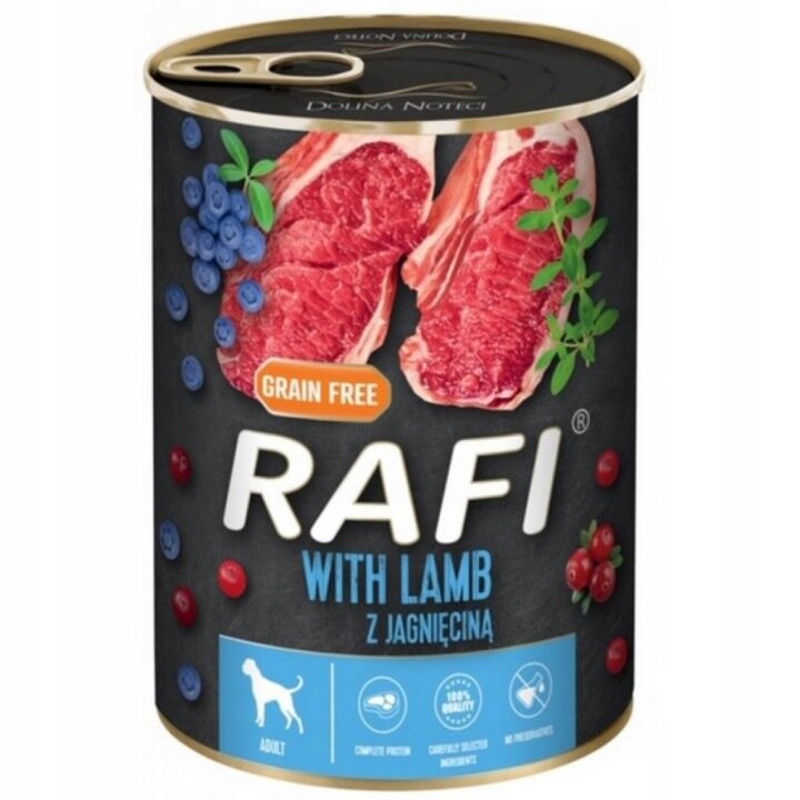 Puszka karmy dla psów marki Rafi z jagnięciną, ozdobiona grafiką mięsa, jagód i żurawiny. Na etykiecie widnieje napis: \'GRAIN FREE\', \'RAFI\', \'WITH LAMB\', \'Z JAGNIĘCINĄ\'.