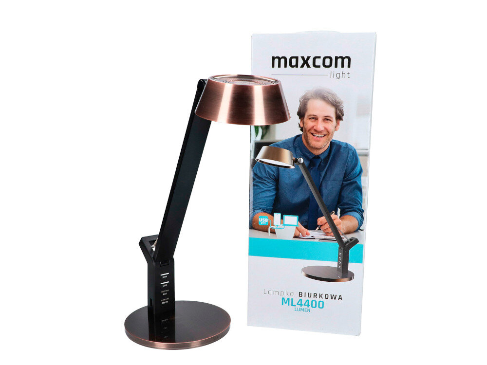Lampka biurkowa MAXCOM Lumen ML4400 Miedziany nowej generacji energetyczna żywotność diod do 20000 godzin klasa energetyczna A kąt padania światła 120 stopni strumień świetlny 330/480 lm
