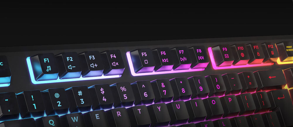 Klawiatura GENESIS Rhod 300 RGB
klawisze funkcyjne, 12 klawiszy multimedialnych umieszczonych na przyciskach F1–F12, dedykowany przycisk
umożliwiający zablokowanie klawisza Windows, zbliżenie na klawisze multimedialne