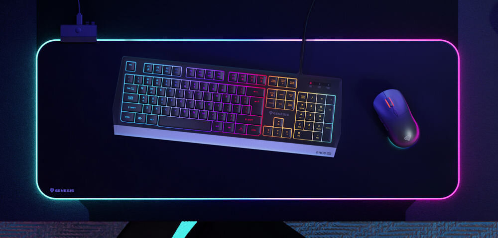 Klawiatura GENESIS Rhod 300 RGB
stworzona z myślą o graczach, funkcja Anti-Ghosting dla 19 klawiszy, odczyt do 19 jednoczesnych naciśnięć, możliwość zmiany klawiszy strzałek i WSAD
klawiatura oraz myszka na podświetlanej podkładce, która znajduje się na czarnym biurku