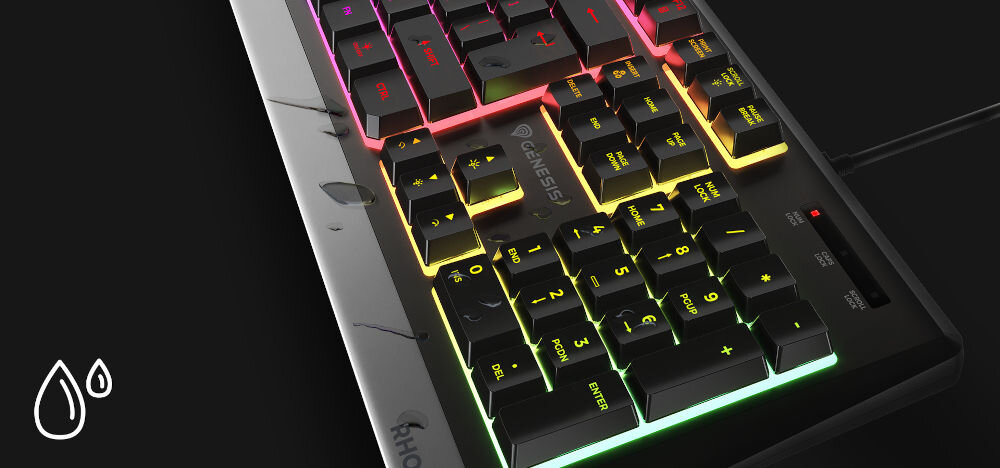 Klawiatura GENESIS Rhod 300 RGB
odporna na zachlapania, zabezpieczenie przed zalaniem, zbliżenie na strzałki oraz blok numeryczny, krople wody na klawiaturze