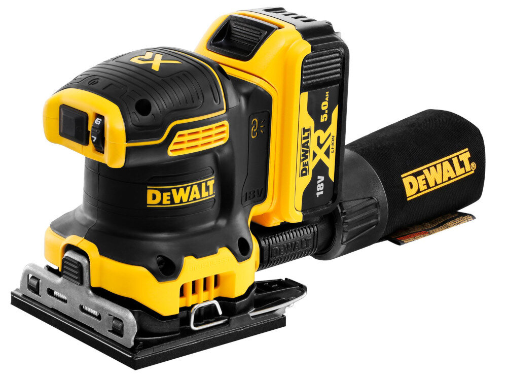 Szlifierka oscylacyjna DEWALT DCW200P2 zasilanie akumulator litowo-jonowy napięcie 18 V pojemność 5,0 Ah maksymalna prędkość oscylacyjna do 13500 osc/min średnica oscylacji 1,6 mm zmienna płynna regulacja prędkości obrotowej