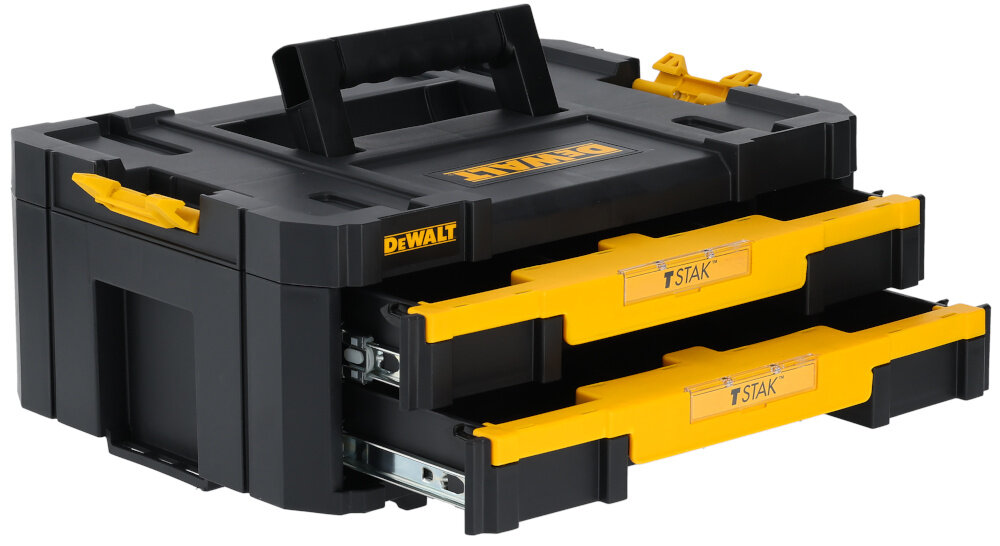 Skrzynka narzędziowa DEWALT DWST83395-1 skrzynka z wysuniętymi szufladami białe tło skrzynka narzędziowa w postaci szuflad dwie szuflady o pojemności do 8 litrów wyjmowane pojemniki z pokrywkami elastyczne dopasowanie przestrzeni usprawnia wyszukiwanie potrzebnych części