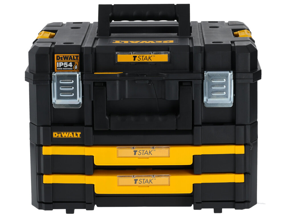 Skrzynka narzędziowa DEWALT DWST83395-1 zamknięta skrzynka na białym tle widoczna od przodu duża rękojeść z wysokiej jakości tworzywa sztucznego stabilny chwyt i komfort przenoszenia ergonomiczny kształt pewnie leży w dłoni nie ślizga się waga około 3,5 kg
