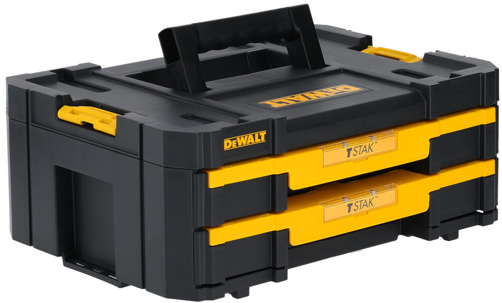 Skrzynka narzędziowa DEWALT DWST83395-1 skrzynka na białym tle wsunięte szuflady wymiary 440 x 337 x 320 mm przechowywanie w ograniczonej przestrzeni udźwig szuflad do 7,5 kg swobodne przenoszenie narzędzi