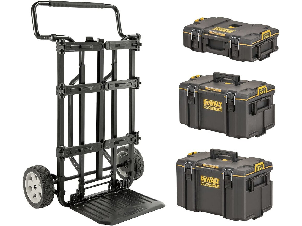 Zestaw skrzynek DEWALT Toughsystem 2.0 DWST83401-1 (3 szt.) zestaw na białym tle w zestawie 3 skrzynki wózek transportowy dokumentacja