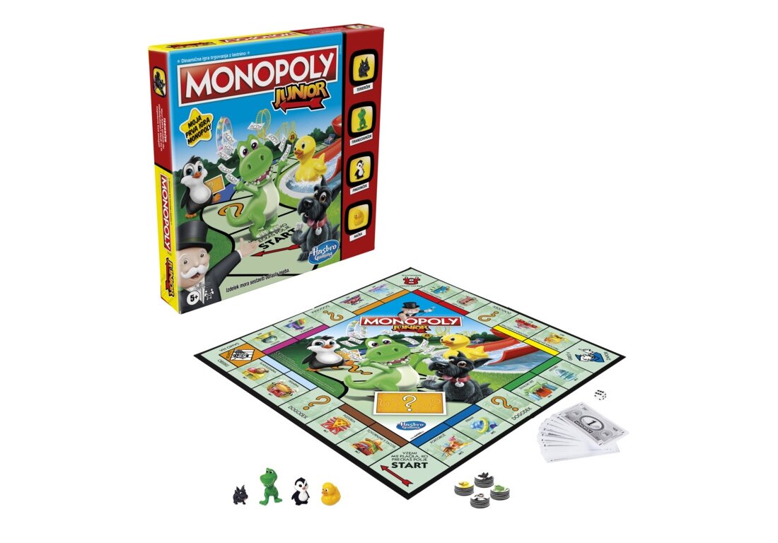 Gra planszowa HASBRO Monopoly Junior pionki plansza elementy zasady zabawa rodzina wieczór przyjaciele rozrywka