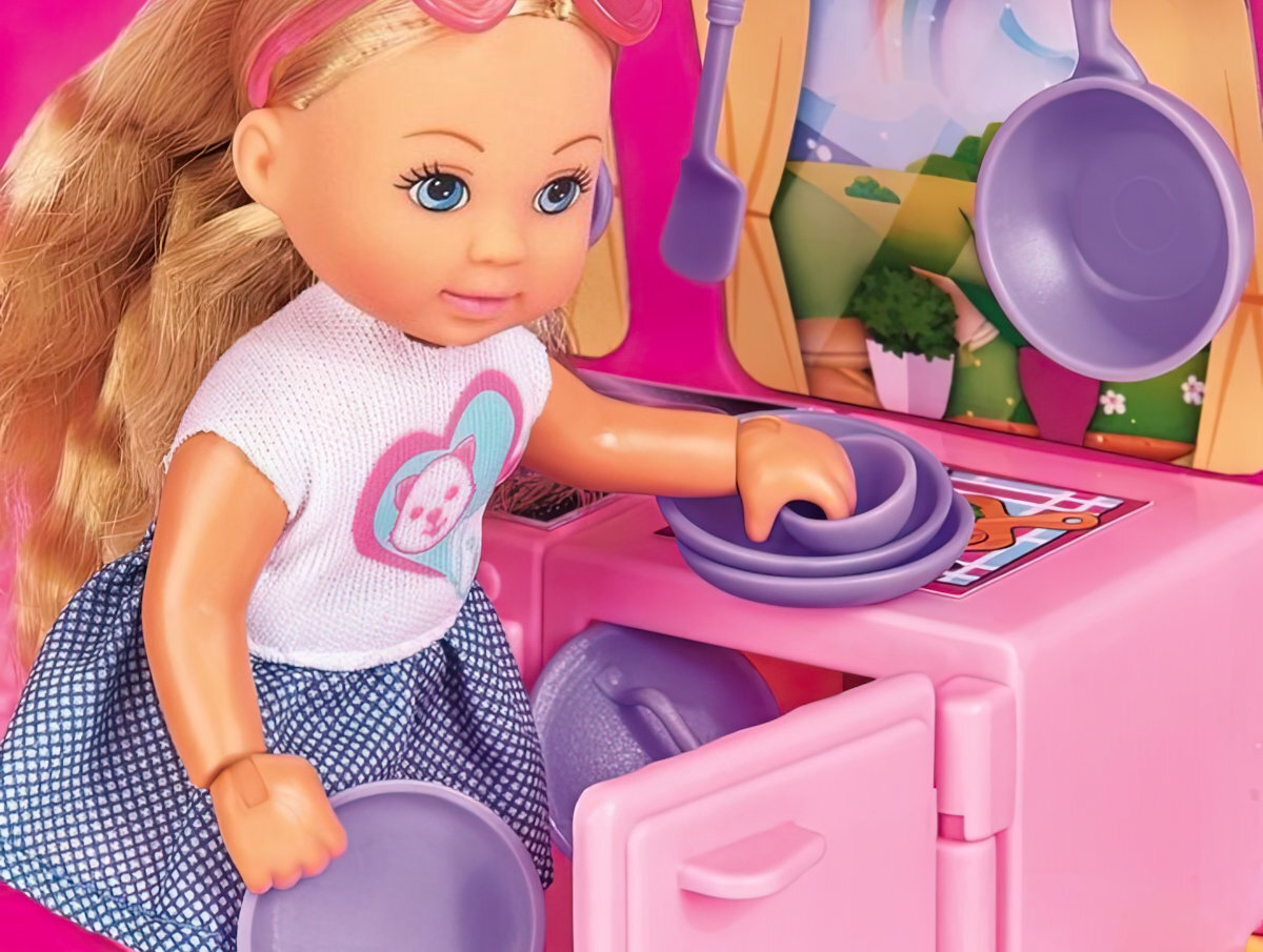 Lalka SIMBA Evi Love Wakacje w kamperze Y2680 akcesoria talerze garnki patelnie mebelki elementy