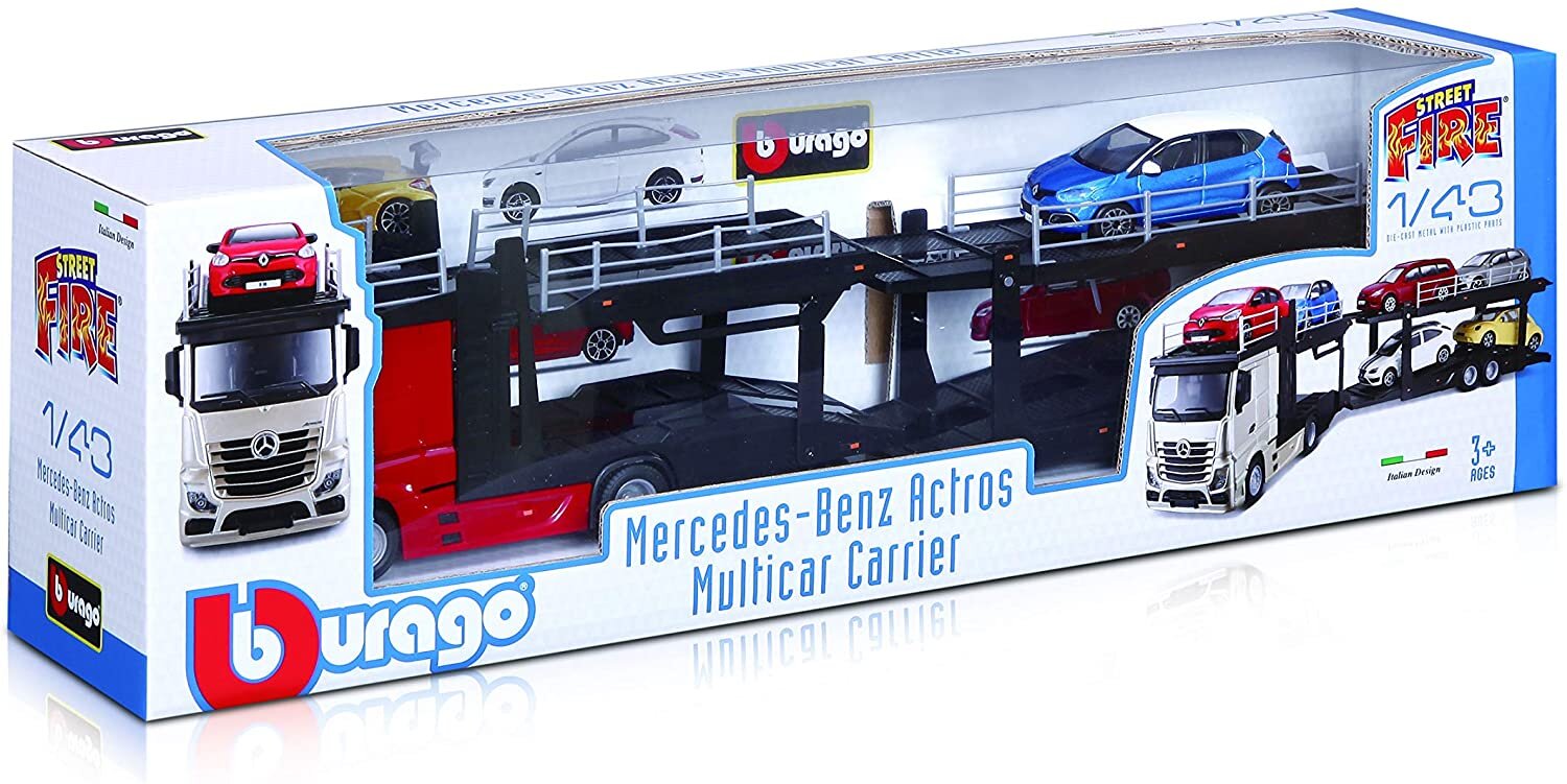 Opakowanie modelu samochodu Bburago z widocznym Mercedes-Benz Actros Multicar Carrier oraz kilkoma innymi modelami samochodów na platformie. Na opakowaniu znajduje się logo Bburago i napis \'Mercedes-Benz Actros Multicar Carrier\'.
