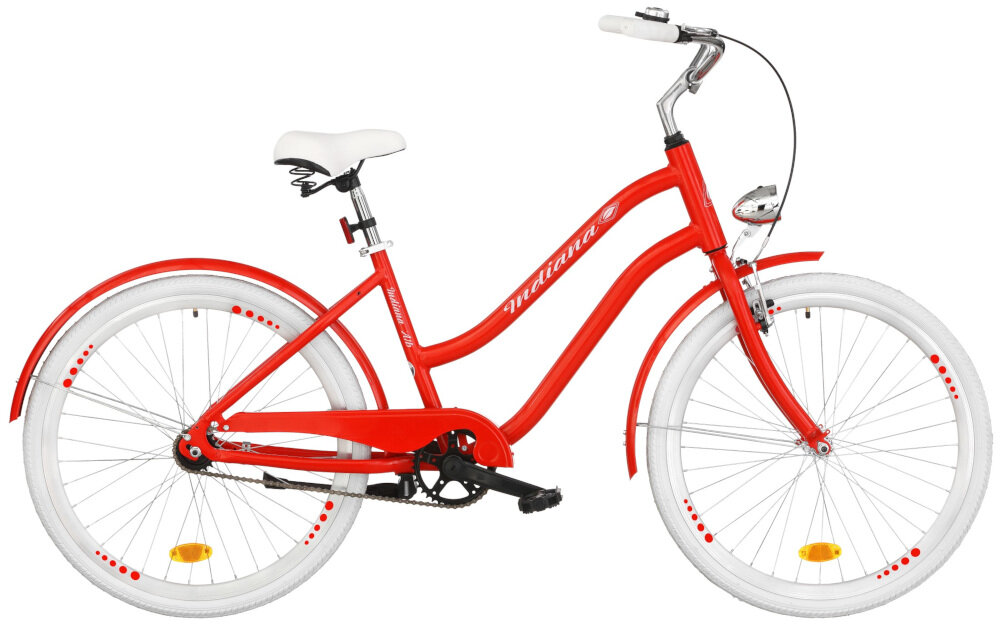 Rower miejski INDIANA X-Cruiser A1B 26 cali damski Czerwony kolor czerwony oświetlenie na przód tył osłona łańcucha stopka