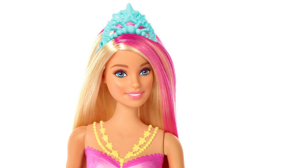 MATTEL-BARBIE-DREAMTOPIA syrenka barbie niebieskie oczy uśmiech niebieska tiara blond włosy pasemka księżniczka