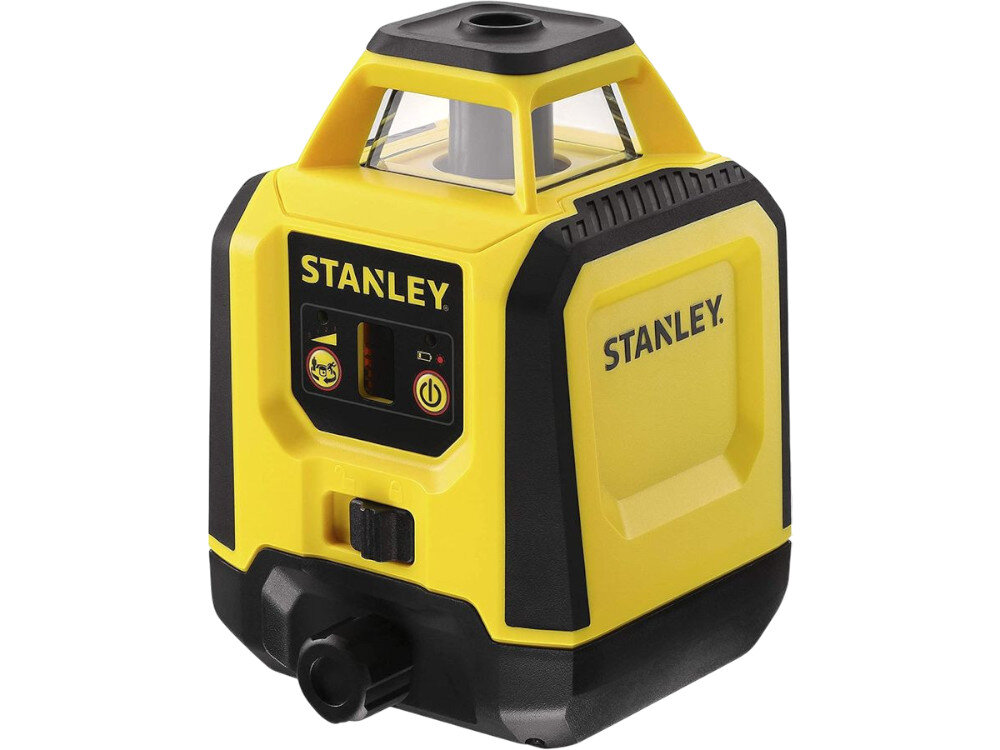Laser rotacyjny STANLEY STHT77616-0, obudowa, wytrzymałość, ergonomia, przyciski, Zbliżenie na urządzenie: żółty niwelator laserowy Stanley z panelem sterowania.