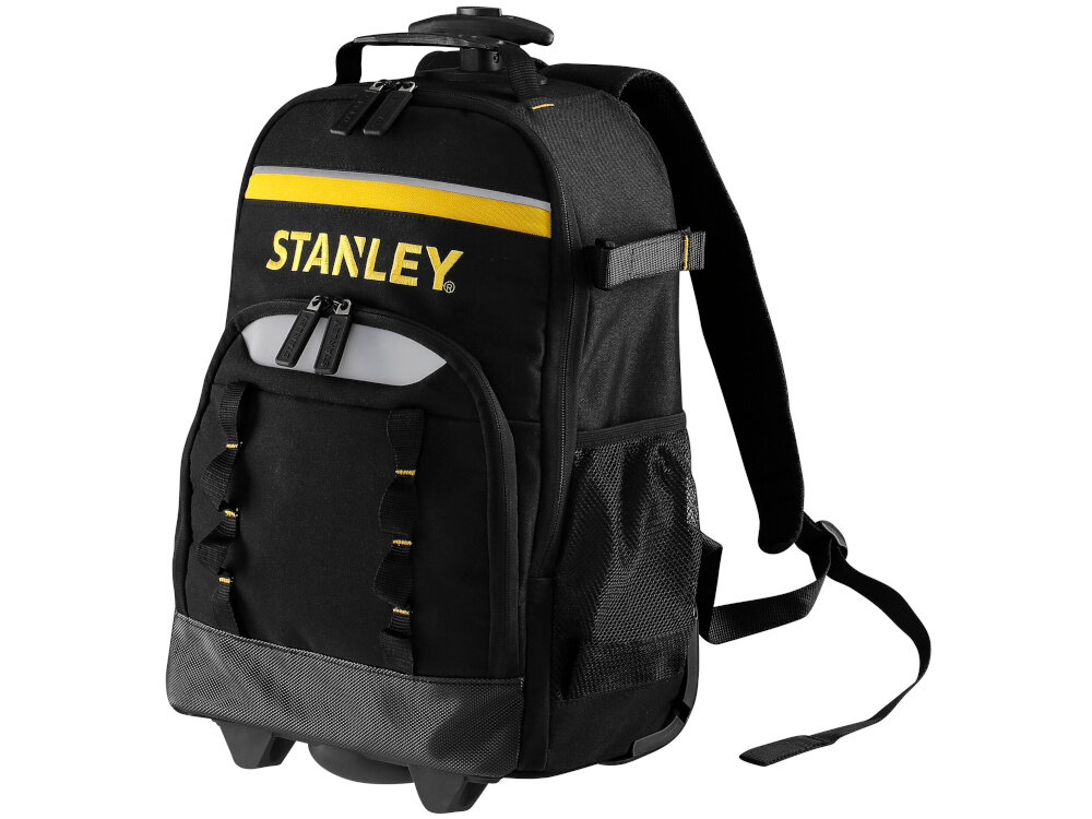 Plecak monterski STANLEY STST83307-1 Essential zamknięty plecak na białym tle widoczny od przodu pod skosem wygodne i bezpieczne transportowanie narzędzi solidna budowa wiele przegród funkcjonalne dodatki