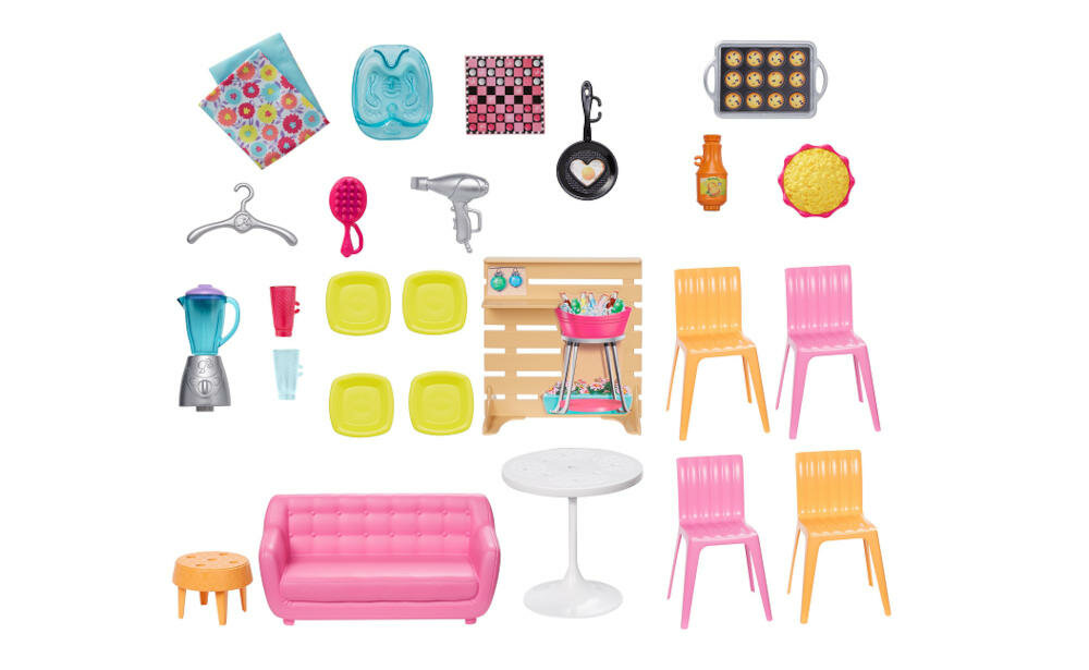MATTEL-BARBIE-MALIBU-FXG57 akcesoria wspaniała zabawa wyposażenie meble talerze pożywienie blender suszarka