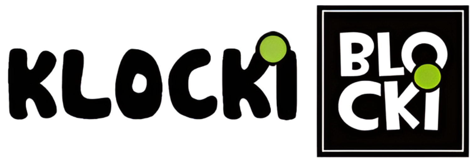 Logo z napisem \'KLOCKI\' oraz \'BLOCKI\' w białych literach na czarnym tle, z zielonymi kropkami nad literami \'I\'.