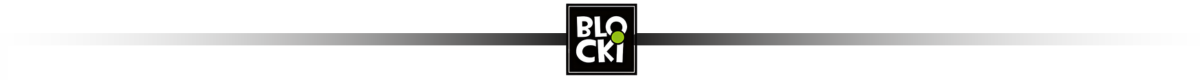 Logo z napisem \'BLOCKI\' na czarnym tle, z zielonym akcentem w literze \'O\'.