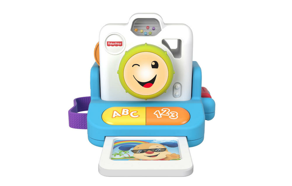 MATTEL-FISHER-PRICE-APARAT-GMX41 aparat fotograficzny fotograf zdjęcia słuchanie piosenki literki cyferki lampa błyskowa odgłosy aktywizacja radość zainteresowanie migawka szczeniaczek