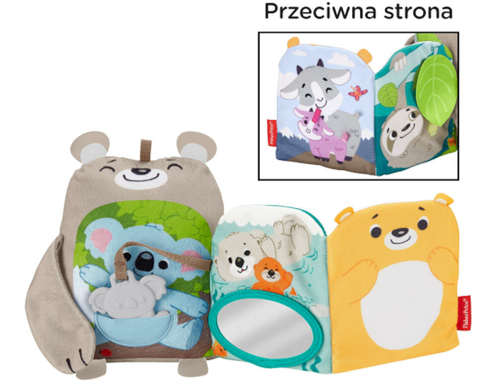 FISHER-PRICE-MIEKKIE-ZWIERZATKA mięciutka ksiażeczka szelest duże lusterko listek