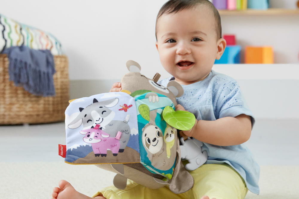 FISHER-PRICE-MIEKKIE-ZWIERZATKA najmłodsi niemowlęta książeczka samodzielnie zabawa brzuszek dziecko kolorystyka zabawka