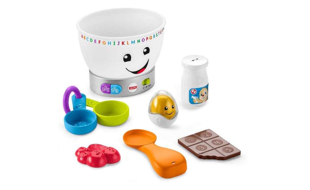 FISHER-PRICE-MIKSER-EDUKACYJNY składniki produkty jajko grzechotka butelka mleko gryzak czekolada wiśnie akcesoria gotowanie miarka łyżka przyciski muzyka dźwięki uśmiech rozrywka zabawa