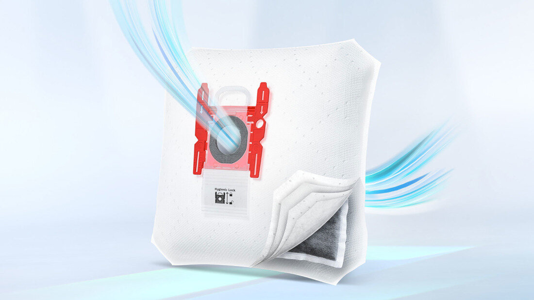 Odkurzacz BOSCH BGB8PET1 Worek AirFresh Naturalny sposób redukcji zapachów worek antyzapachowy AirFresh aktywny węgiel nieprzyjemne zapachy filtruje aż 99,9% drobnych cząsteczek kurzu czyste świeże powietrze komfort sprzątania przyjemna atmosfera