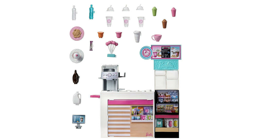 MATTEL-BARBIE-KAWIARENKA dział słodycze pyszności patyk babeczka ciasteczka lodówka zimne napoje pojemnik mleko syrop czekoladowy kubki kawa koktajl filiżanka herbata kasa uchwyty realistyczna zabawa