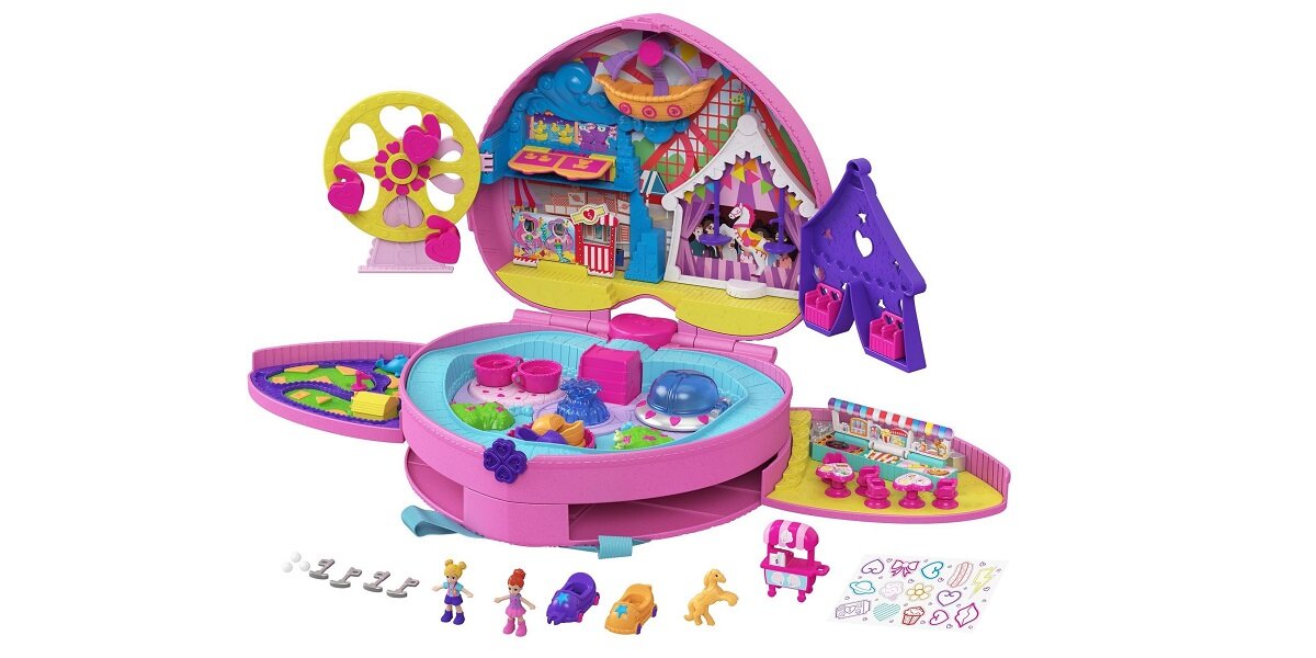 Lalka MATTEL Polly Pocket Park Rozrywki serce kokardka zabawa zajęcie urocza rozkładany minigolf młyn namiot zdjęcia atrakcje rozrywka fontanna regulacja
