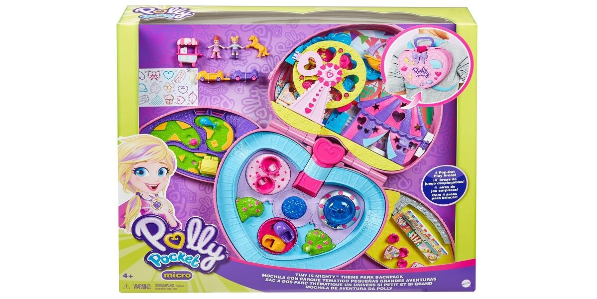 Lalka MATTEL Polly Pocket Park Rozrywki serce kokardka zabawa zajęcie urocza rozkładany minigolf młyn namiot zdjęcia atrakcje rozrywka fontanna regulacja