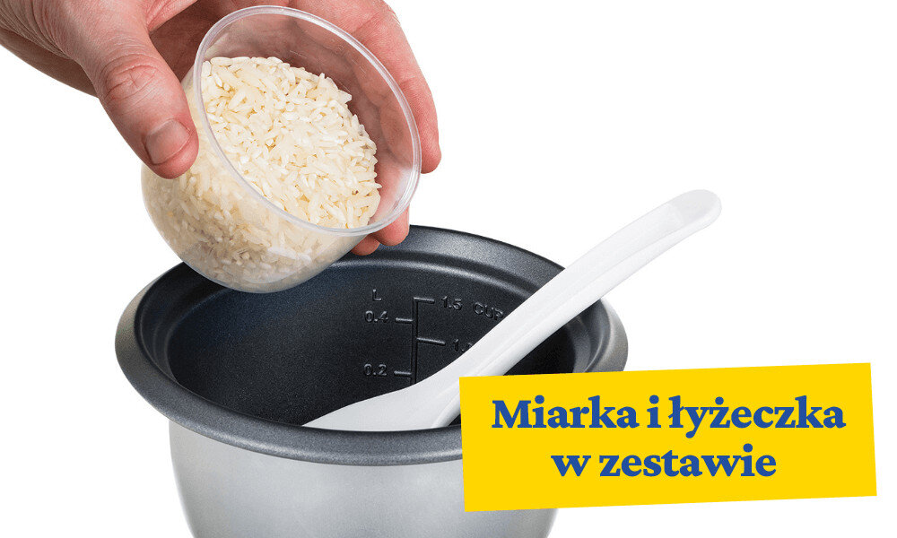Ryżowar RUSSELL HOBBS Small 27020-56 Miarka i łyżeczka Precyzyjne odmierzanie ryżu dołączona miarka ilość praktyczna łyżeczka  ułatwienie wygoda komfort serwowanie