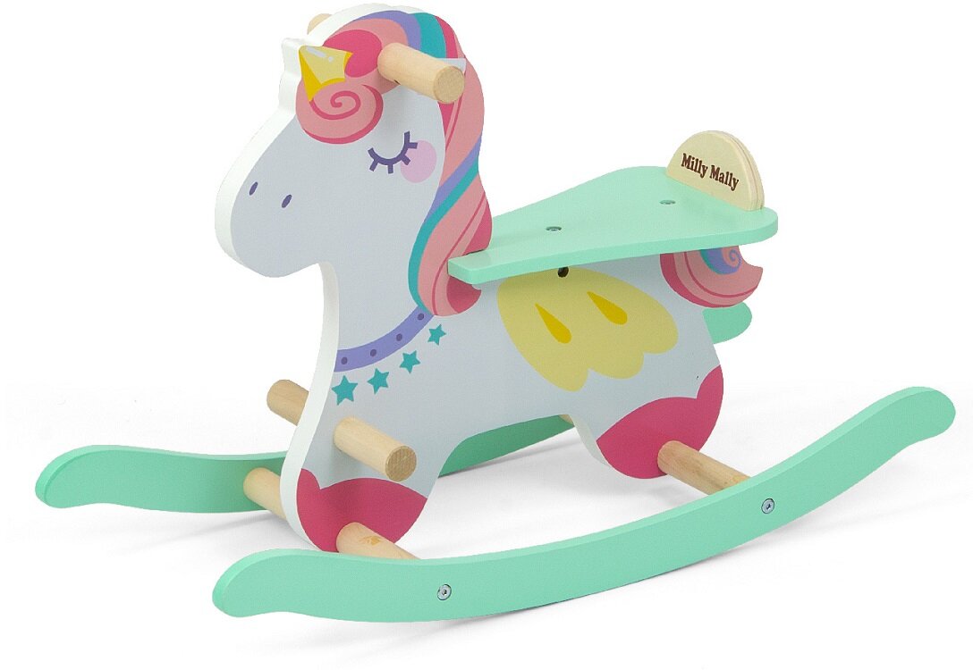 Koń na biegunach MILLY MALLY Lucky Klasyczny konik zabawa chłopiec dziewczynka rączki przy głowie dodatkowy podnóżek Nauka poprzez zabawę rozwój