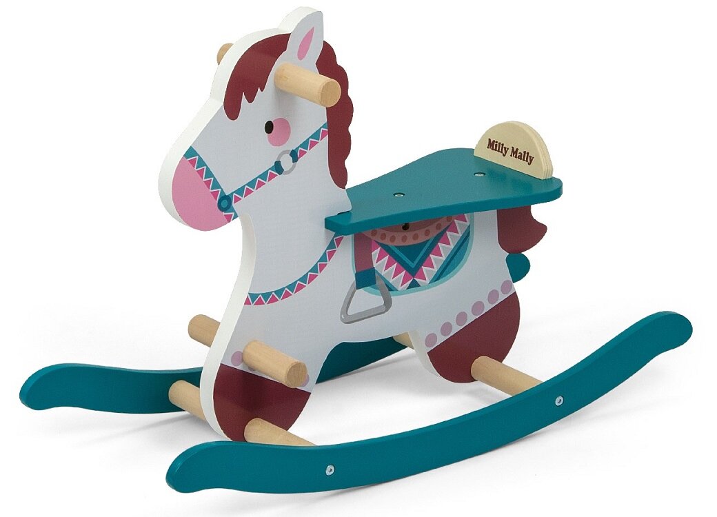 Koń na biegunach MILLY MALLY Lucky Klasyczny konik zabawa chłopiec dziewczynka rączki przy głowie dodatkowy podnóżek Nauka poprzez zabawę rozwój