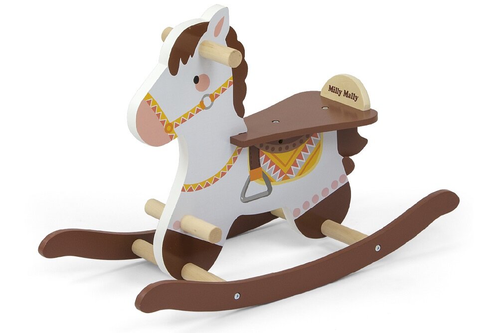 Koń na biegunach MILLY MALLY Lucky Klasyczny konik zabawa chłopiec dziewczynka rączki przy głowie dodatkowy podnóżek Nauka poprzez zabawę rozwój