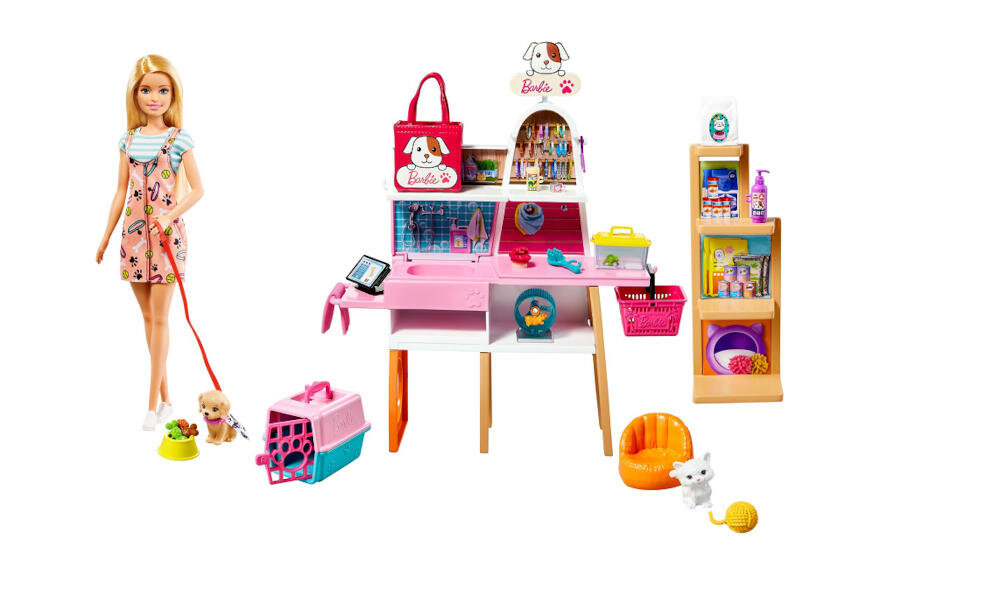 MATTEL-BARBIE-SKLEP-ZWIERZETA zestaw sklepik salon zwierzęta barbie przyjaciele opieka pupile pielęgnacja sprzedawca sklepik lada kasa półki asortyment