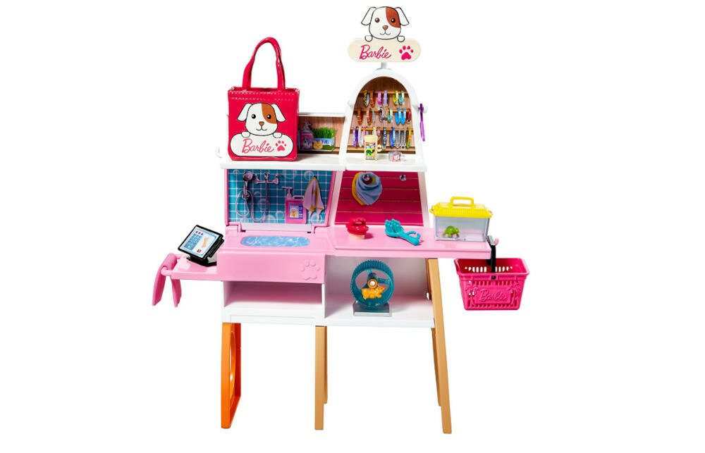 MATTEL-BARBIE-SKLEP-ZWIERZETA lalka barbie dbanie szczeniaczek stanowisko pielęgnacja sklepik wyposażenie akcesoria klient półeczki miejsce przechowywanie przekąski zabawki