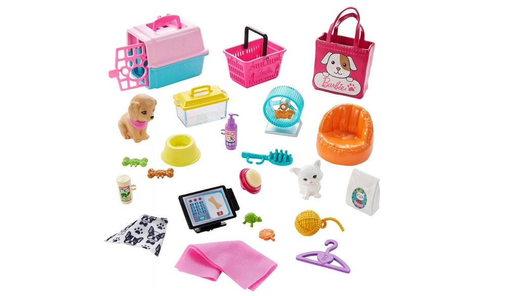 MATTEL-BARBIE-SKLEP-ZWIERZETA artykuły bogate wyposażenie sklep zwierzęta akcesoria kocyki karmy zabawki miski opieka kotek żółw chomik