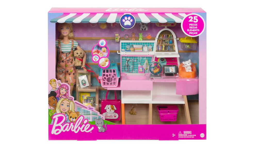 MATTEL-BARBIE-SKLEP-ZWIERZETA opakowanie lalka barbie akcesoria instrukcja karta gwarancyjna