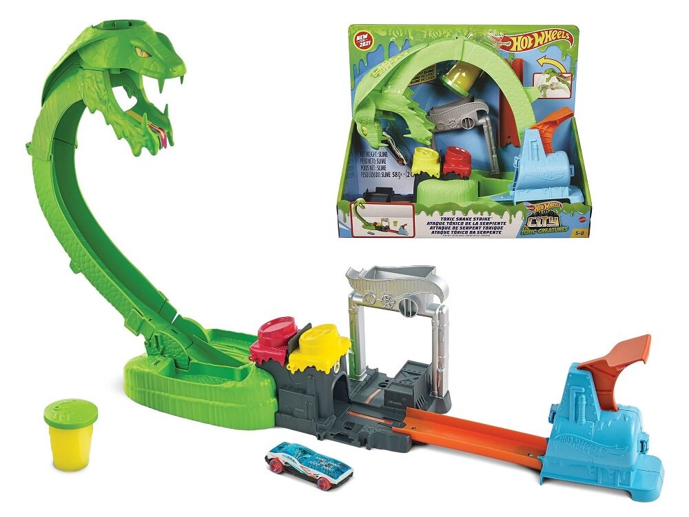 Tor MATTEL Hot Wheels Toxic Creatures Jadowita Kobra ze slimem GTT93 w zestawie samochodzik Hot Wheels pojemnik ze slimem wielokrotnego użytku instrukcja obsługi w języku polskim karta gwarancyjna