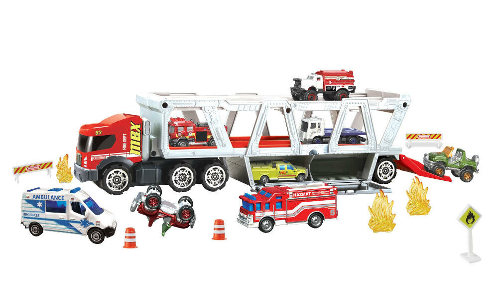 MATTEL-MATCHBOX-WOZ-GWM23 wóz strażacki wielofunkcyjny pojazd akcja ratunkowa przygody transporter pojazdy naczepa podest rampa