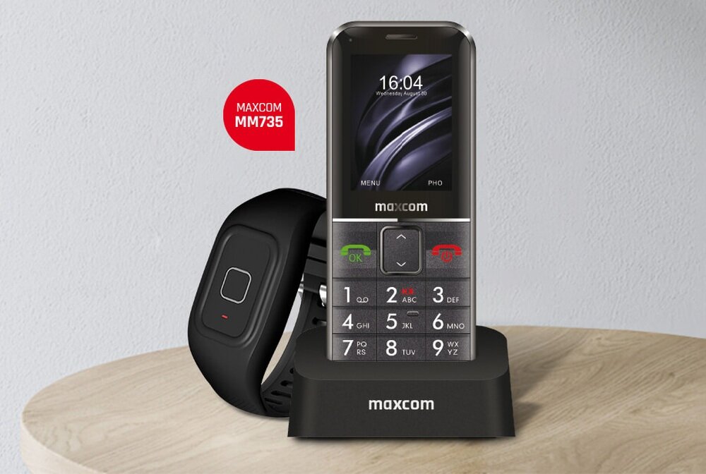 Telefon MAXCOM Comfort MM735 Czarny + opaska SOS telefon podstawka ładowarka wygoda bezpieczeństwo wygoda przyciski latarka kontrast