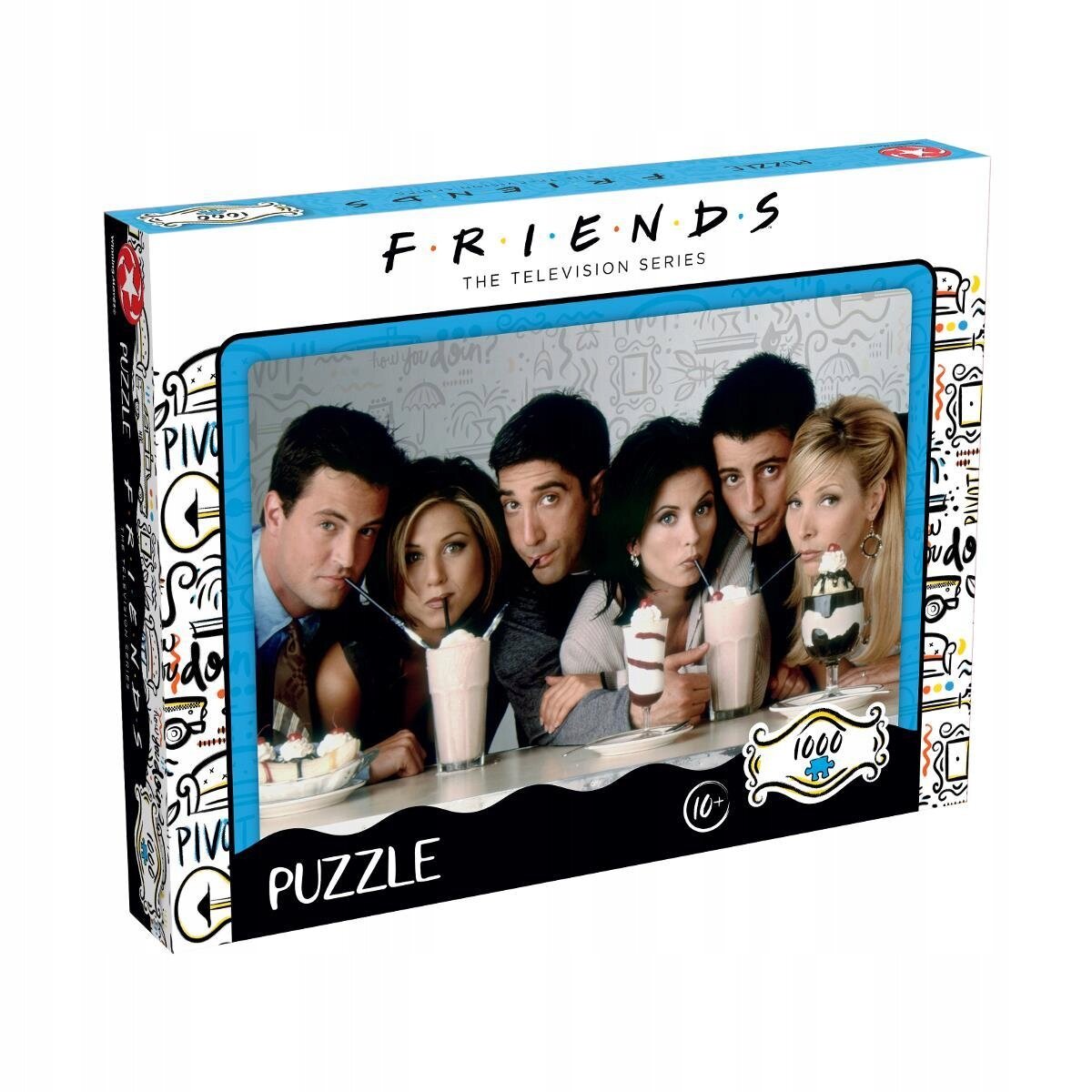 Opakowanie puzzli z motywem serialu \'Friends\', przedstawiające sześć osób pijących milkshake\'i. Na pudełku widnieje napis \'FRIENDS THE TELEVISION SERIES\' oraz \'PUZZLE 1000\'.