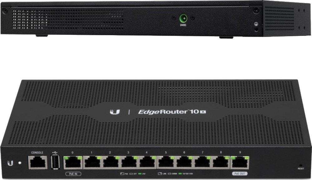 Router UBIQUITI ER-10X Zestawienie dwóch widoków czarnego urządzenia sieciowego, prezentujące tylny panel z gniazdem zasilania i wentylacją oraz przedni panel z dziesięcioma portami Ethernet, wejściem USB i diodami statusu