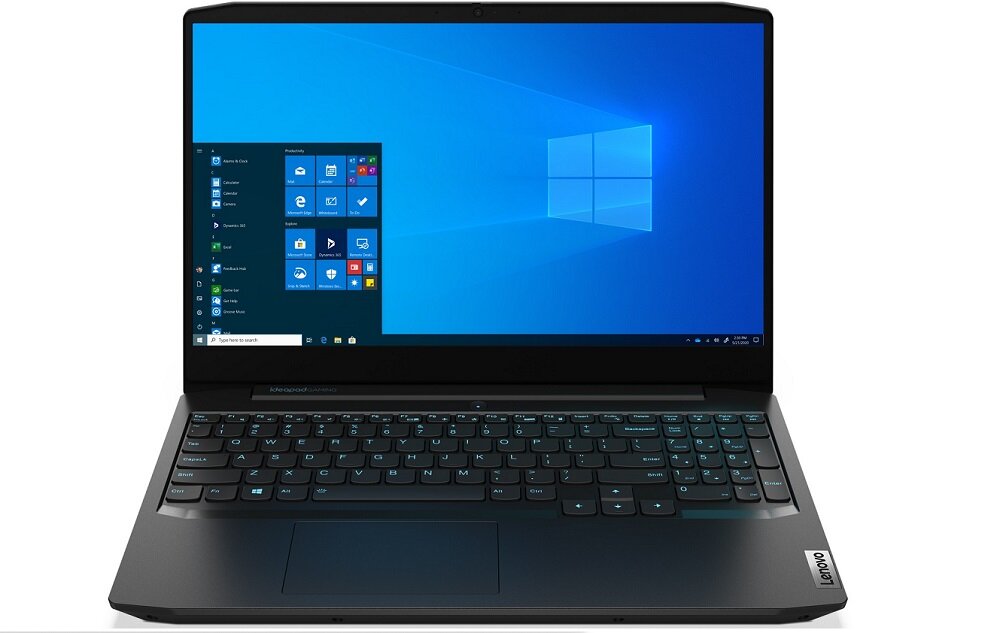 Laptop z otwartym ekranem, na którym widoczny jest pulpit systemu Windows z kilkoma ikonami. Na obudowie znajduje się logo \'Lenovo\'.