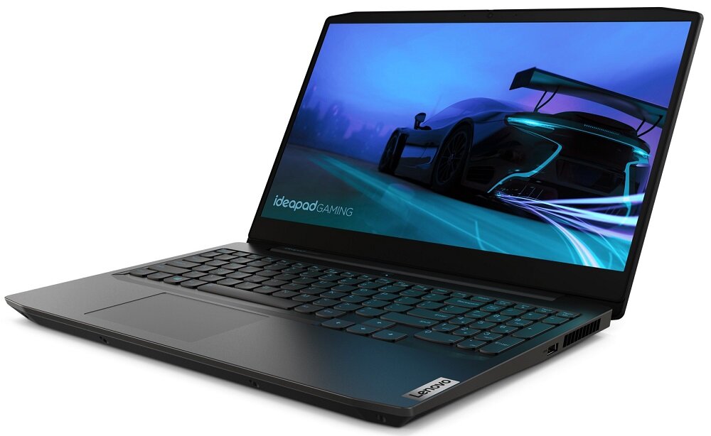 Laptop z wyświetlaczem pokazującym samochód wyścigowy na tle niebieskiego światła. Na obudowie widoczne jest logo \'Lenovo\'.