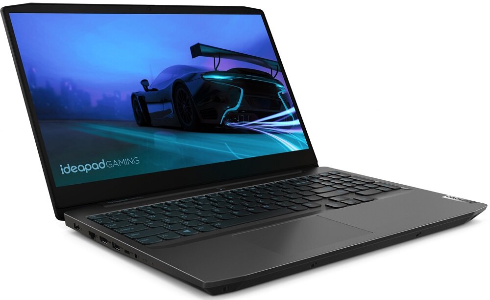 Laptop z wyświetlaczem pokazującym grafikę samochodu wyścigowego, z widocznym napisem \'ideapad GAMING\'.